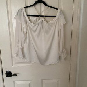 Cream Silky Long Puffy Sleeve Women's Blouse with Shoulders Cut Out Size Small